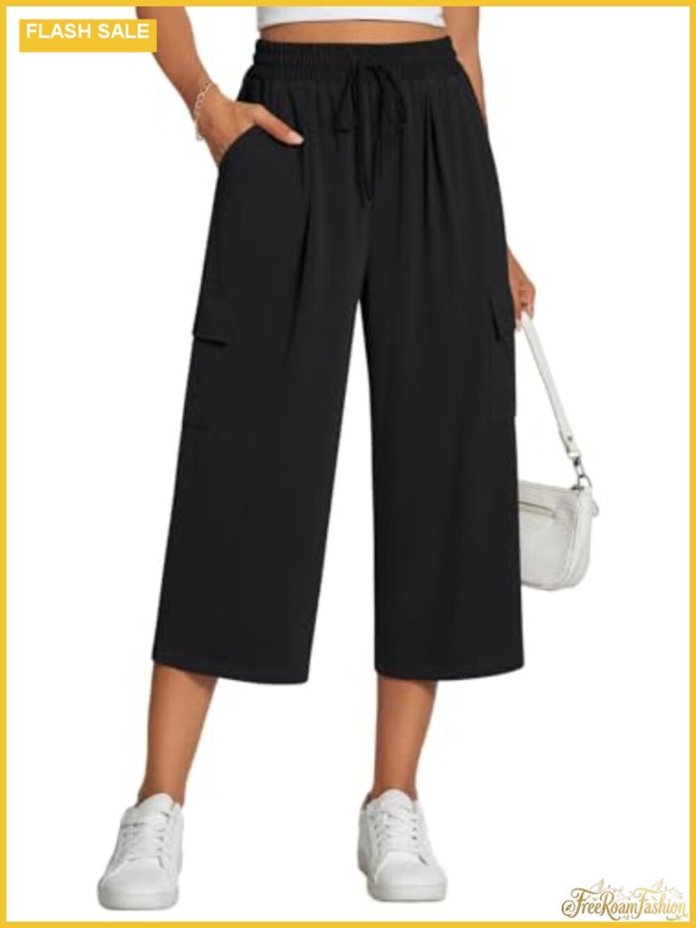 Women's Wide Leg Capri Pants High Waist Drawstring Loose Fit Summer Trousers